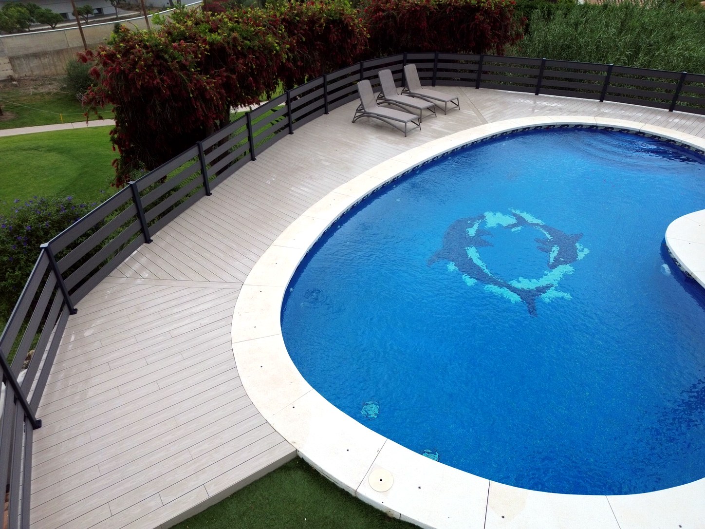 After decking replacement in Mijas Costa: Completed pool surround and garden layout